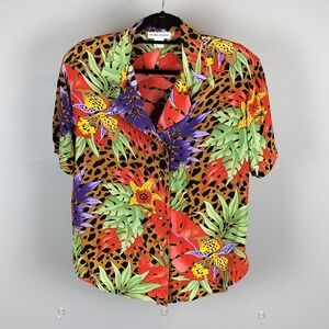90s Regina Porter Silk‎ Tropical Leopard Print Shirt Multicolor Large